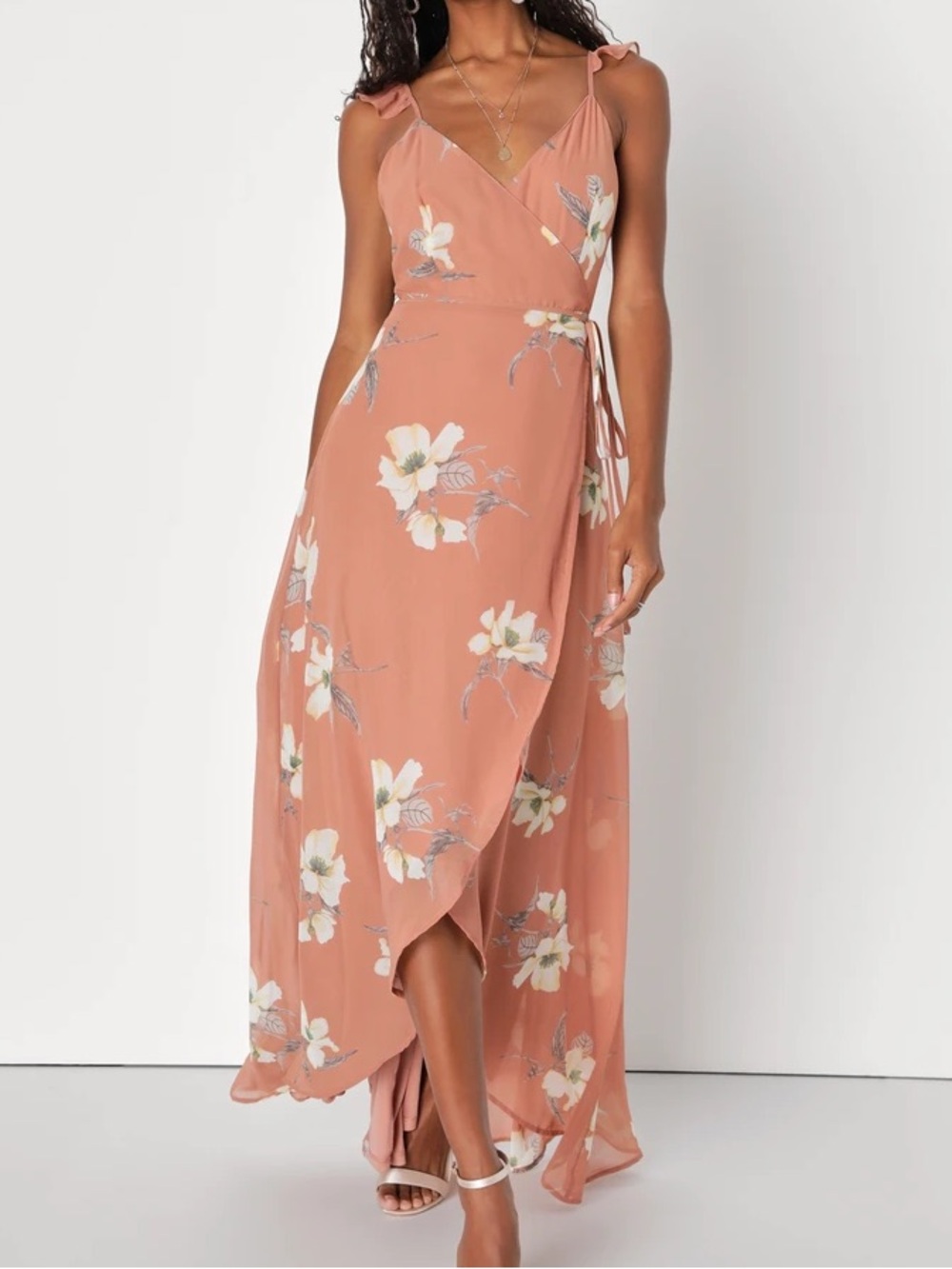 NWT Lulus All Mine Rusty Rose Floral Print High-Low Wrap Dress Chiffon Pink S